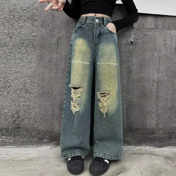 Fashion Girls Straight Fit Ripped Jeans With Hole Kids Destroyed Denim Trousers For Teens High Street Style Broken Jeans Wear