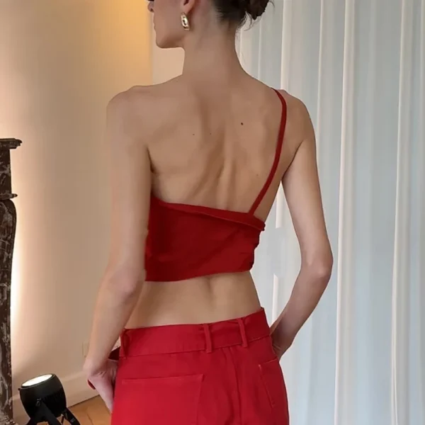 Linen Blend Women's Vest Y2k Stereoscopic Flower Decoration One-Shoulder Design Elegant Commuter Peplum Vest Tops 2025 Summer - Image 6