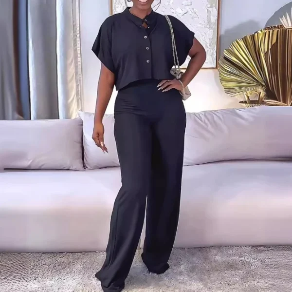 Women's 2-Piece Summer Fashion Solid Color Commuting Casual Set Versatile Short Top Comfortable Straight Leg Wide Leg Pants Set