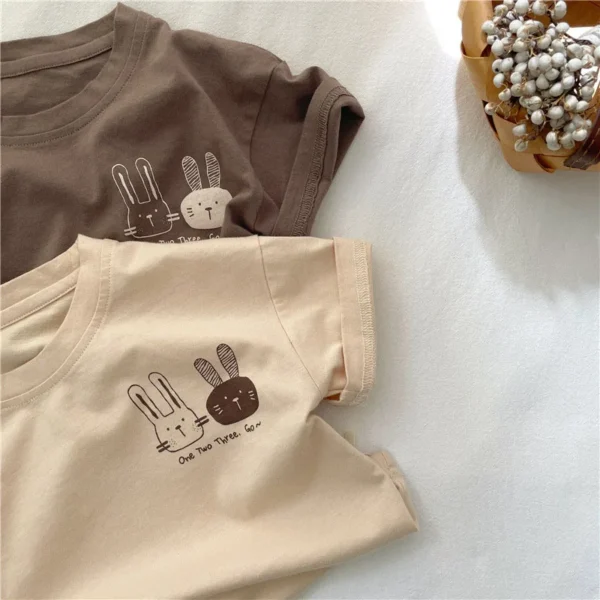 2024 Summer 2-8 Years Girls Boys Cute Print Rabbit Short Sleeve Cotton T-shirts Kids Tee - Image 3