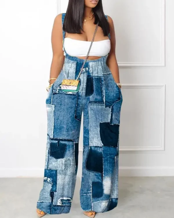 Denim Style Printed Wide Leg Camisole Jumpsuit for Women's Summer Elegant and Casual Slim Fit Wide Leg Long Jumpsuit