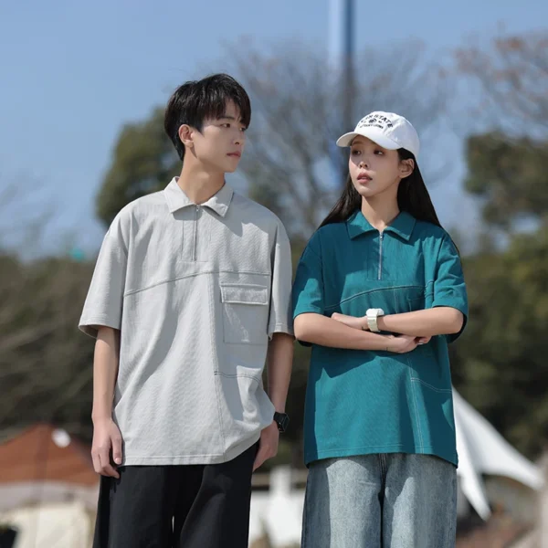 New Summer Fashion Versatile Couple'S Short Sleeve Zipper Collar Top Men'S Korean Youth Casual Trendy Loose Casual T-Shirt - Image 6