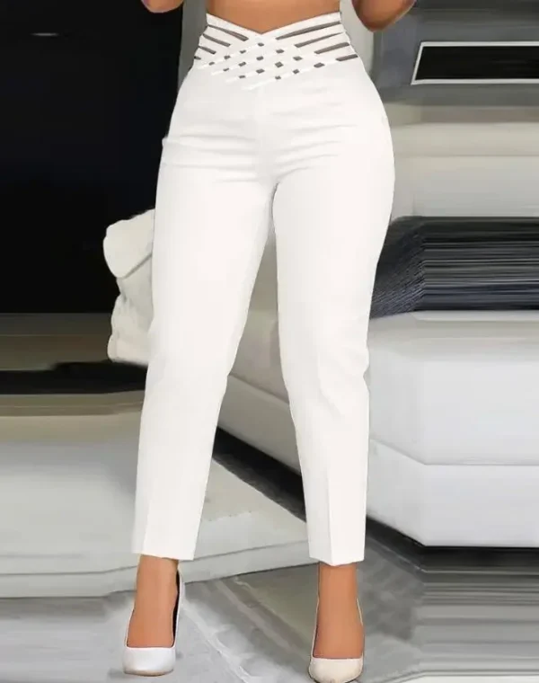 Women's Fashion Overlap Waist Hollow Out Work Pants 2024 Spring New Casual Sheer Mesh Ruched Elegant Office Lady Long Trousers - Image 5