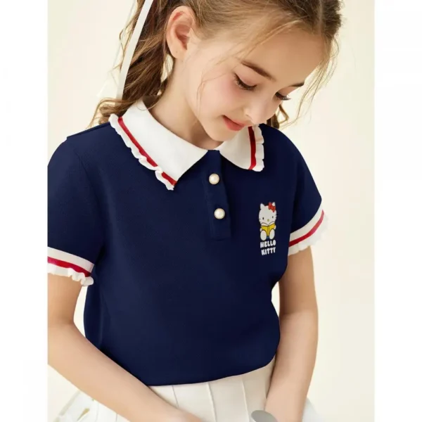 Kawaii Sanrio Hello Kitty Girls Polo Shirt Summer Cartoon 3-14Y Short Sleeve Fashion Breathable T-Shirt Child Sweatshirt Tops - Image 2