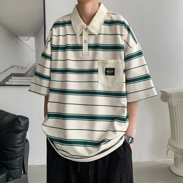 Summer Men's New Fashion Polo shirts Hong Kong Style Youthful Vitality Lapel Striped Button Pockets Half Sleeve Casual Tops - Image 2