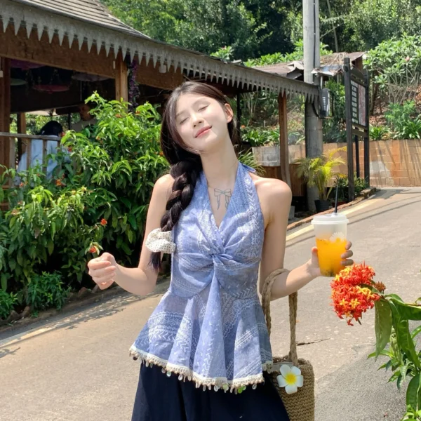 Women Summer Halter Neck Sleeveless Backless Blouse Top Lace Trim Boho Peplum Camisole Elegant Holiday Beachwear Korean Style - Image 2