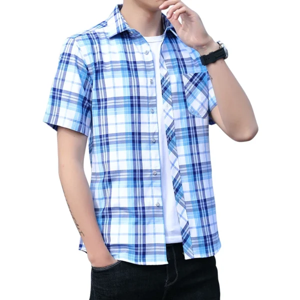 Large Size 5XL Men Checkered Stripe Short Sleeved Shirt Fashion Male Business Casual Lapel Shirt Slim Fit Top