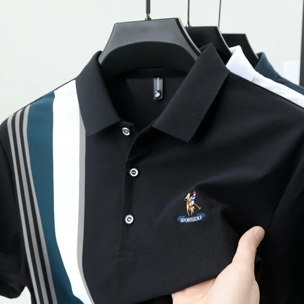 Personality Stripe Decoration Short Sleeve Polo Shirt Men's Summer High-end Brand Embroidery Trend T-shirt Youth Fashion New