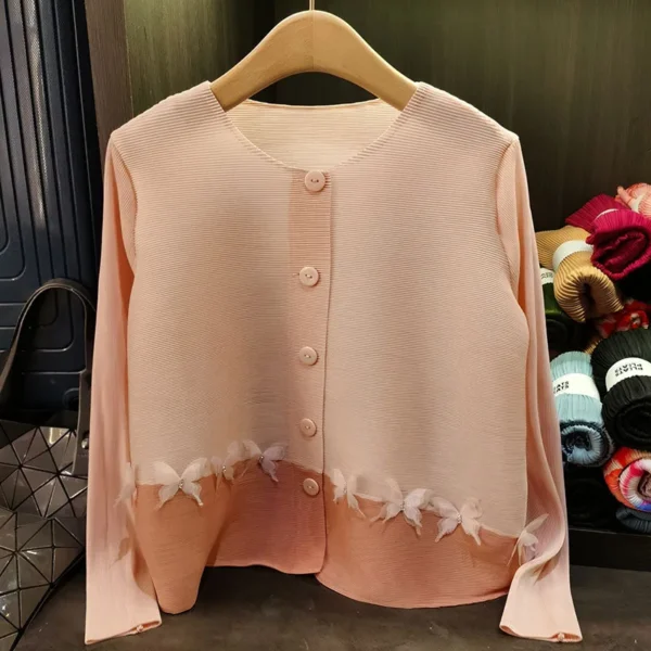 Colorblocking Tops Miyake Round Neck Women's Tops Single Breasted Loose Design Slim Peplum Long Sleeve Cardigan 2025 Summer New - Image 4