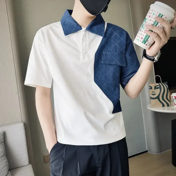 Men Clothing Korean Fashion Contrast Color Patchwork Polo Collar T Shirt Youth Summer Casual Short Sleeve Loose All Match Tops - Image 2