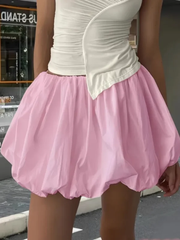 Women's Y2K Style Solid Color All-match Lantern Puffy Balloon Skirt Bubble Skirts Elastic Waist Pleated Ruffle A-Line Mini Skirt