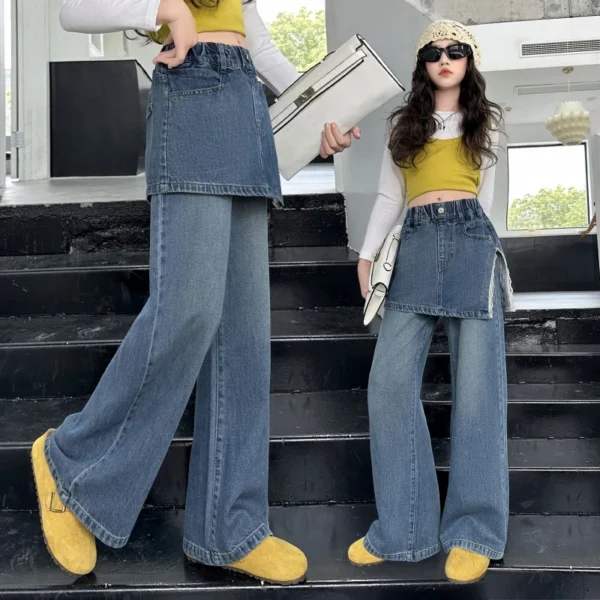 Girls' Wide-leg Denim Pants Vintage Slit Straight-leg Long Pants Suitable for Teens School, Casual, and Everyday Wear - Image 4