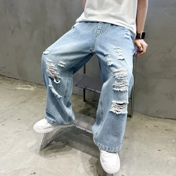 Boy Vintage Streetwear Ripped Baggy Jeans with Holes High Waist Straight Leg Jeans Child Casual Loose Denim Pants For Kids Teen - Image 5