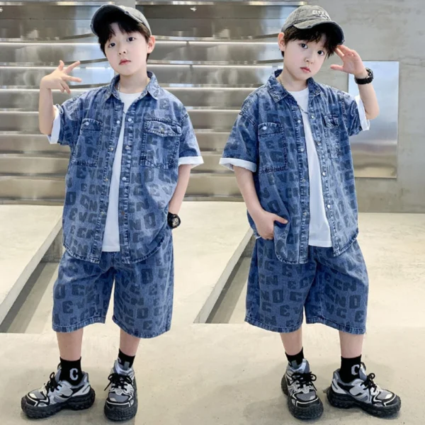 New Summer Boys Casual Clothing Set for Kids Shirt And Short Denim 2 Piece Outfit Set Teens Child Cool Streetwear Suit Wear - Image 4