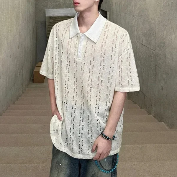 Mens Polo Shirt Ripped Hollow T-Shirt Summer Thin Streetwear Fashion Youth Campus Niche Short-Sleeve Top Men'S Clothing 2025 New