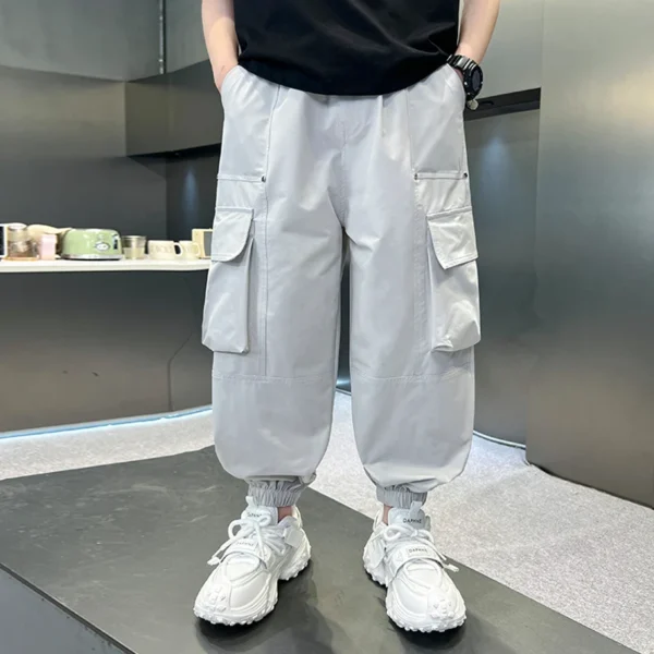 Kids Summer Design Thin Style Cotton Cargo Tapered Pants For Teen Boy Casual Pocket Jogger Trousers Child Solid Color Sweatpants - Image 4