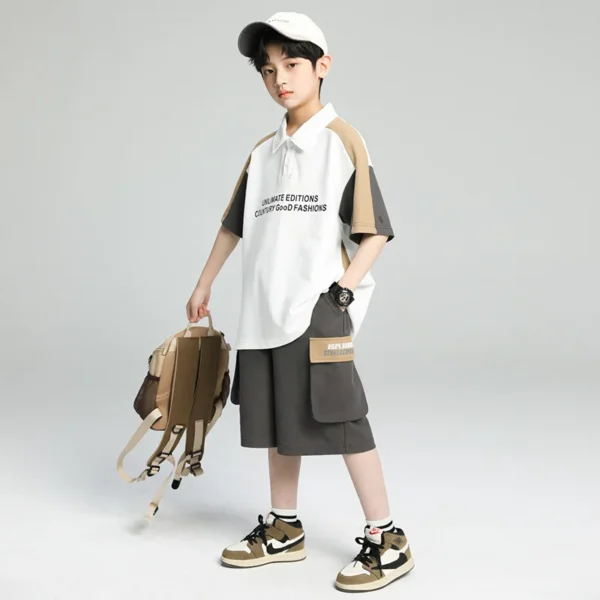 Boys' Summer Outfit Set New Trendy Kids' Short Sleeve Polo Shirt + Shorts Casual Streetwear Cool Two-Piece Set with Pants - Image 2