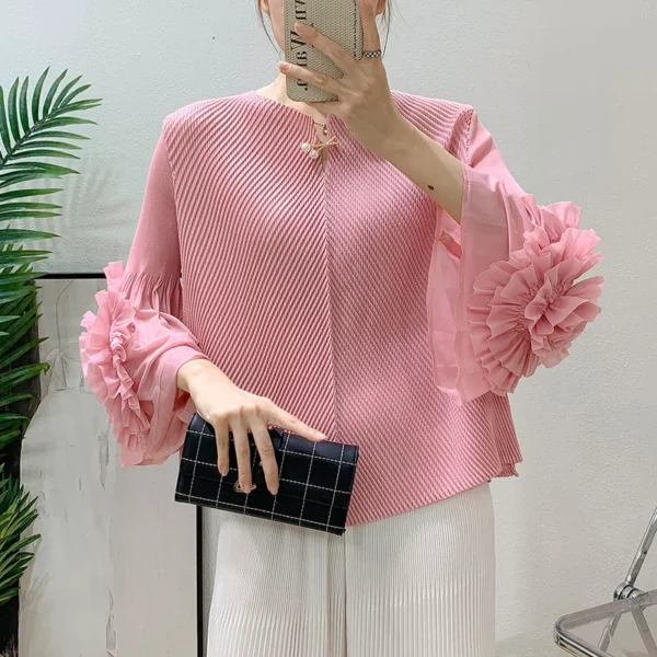 Miyake Pleated Applique Solid Colour Women's Tops 2025 Summer New Premium Sense Fashion Casual Loose Peplum T-Shirt ALSEY - Image 2