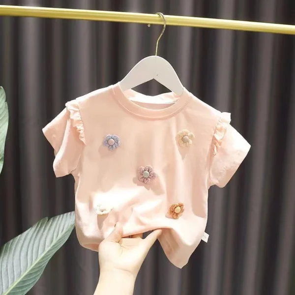 2024 New Summer Girls T-shirt New Children's Baby Cute Lace Short-sleeved Top Little Girl Cotton Bottoming Shirt - Image 3
