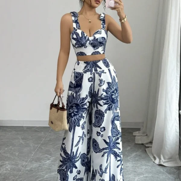 Two Piece Sets Women Pant Print Sling Tops High Waist Wide Leg Pants Drawstring Matching Sets Casual Backless Tops Summer 2025 - Image 2