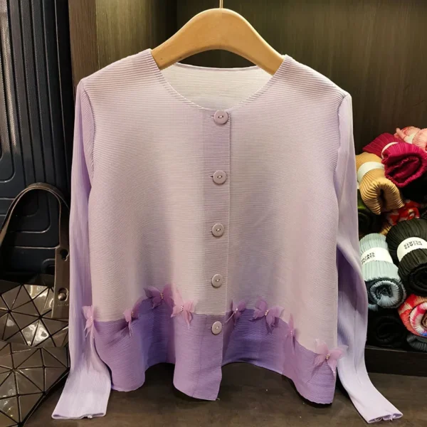 Colorblocking Tops Miyake Round Neck Women's Tops Single Breasted Loose Design Slim Peplum Long Sleeve Cardigan 2025 Summer New - Image 5