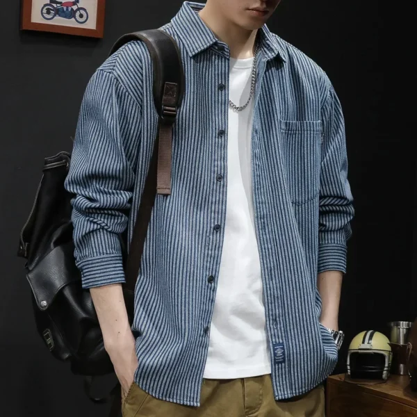 Spring Autumn Striped Shirt Men's Non Ironing Long Sleeve Shirt Casual Loose Denim Jacket Elegant Social Shirts for Men Korean