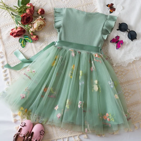Baby Girls Birthday Princess Dress Flower Embroidered Flying Sleeve Mesh Dress Infant Summer Girls Party Beach Holiday Clothing - Image 4