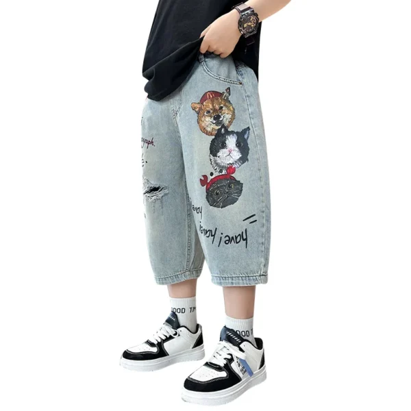 Novelty Kids Summer Capris Shorts For Boys Cat Dog Print Denim Shorts Ripped Jeans Teens Child Casual Cartoon Mid-Calf Pants