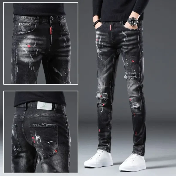 New Arrival Spring Autumn Denim Jeans for Men Slim Distressed Ripped Pants Paint Splatter Design Streetwear Luxury Slim Jeans - Image 3