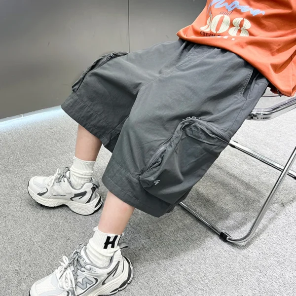 New Summer Kids Child Cropped Capris Cargo Shorts with Side Pocket for Teen Boy Loose Straight Mid Calf Length Pants Age 5-14 Y - Image 6