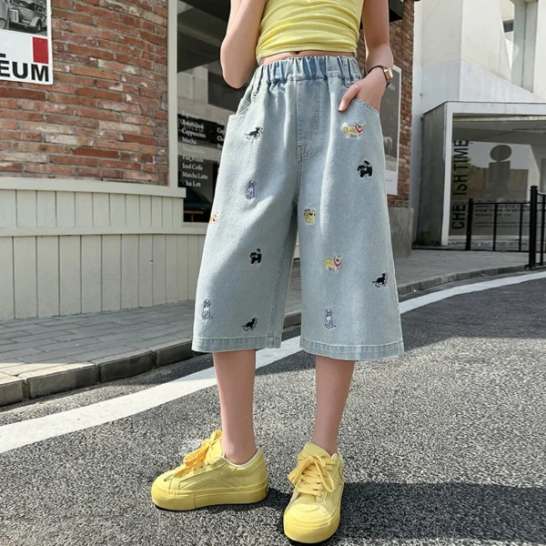 New Girls Mid-Calf Denim Kids Capris Teen Girls Casual Cropped Jeans With Cute Puppy Embroidery Design Teenage Shorts Ages 4-14Y - Image 4
