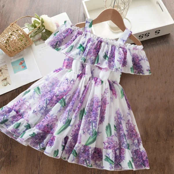 2024 New in Dress for Girls Summer Holiday Floral Dress Vintage Printed Children's Clothing Princess Birthday Party Clothes 2-6Y