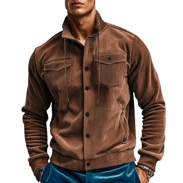 New Autumn and Winter Outwear Jacket Pure Color Retro Heavy Shoulder Long-Sleeved Corduroy Denim Shirt Multi-Pocket Small Lapel Casual Jacket Windbreaker - Image 3