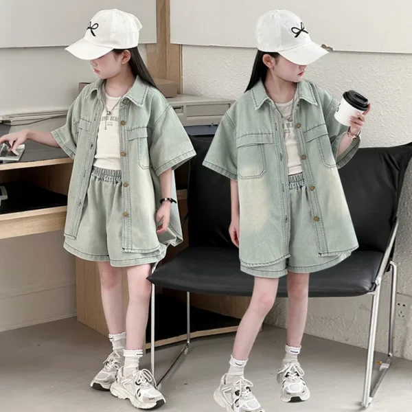 summer 4-14 ensemble jeans fille casual Short sleeved Denim Shirt+Shorts Two piece teen girl clothes suit child kid outfits sets