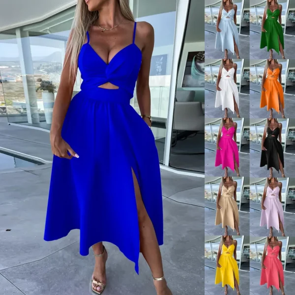 Womens Sexy V-Neck Oversized Strap Dresses Ladies' Fashion Temperament Hollow Out Solid Pleated Slit Evening Cocktail Dresses - Image 4