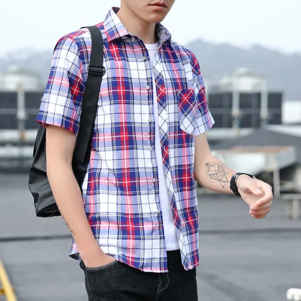 Large Size 5XL Men Checkered Stripe Short Sleeved Shirt Fashion Male Business Casual Lapel Shirt Slim Fit Top - Image 4