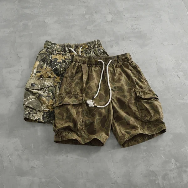 2025 Summer New American Retro Woven Multi-Pocket Camouflage Cargo Shorts Men's 100% Cotton Washed Casual Straight 5-point Pants - Image 2