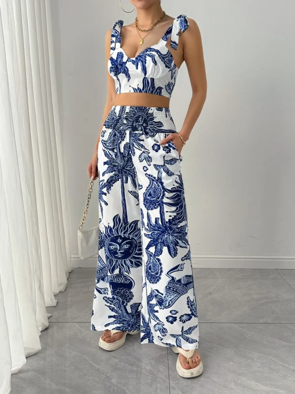 Two Piece Sets Women Pant Print Sling Tops High Waist Wide Leg Pants Drawstring Matching Sets Casual Backless Tops Summer 2025 - Image 4