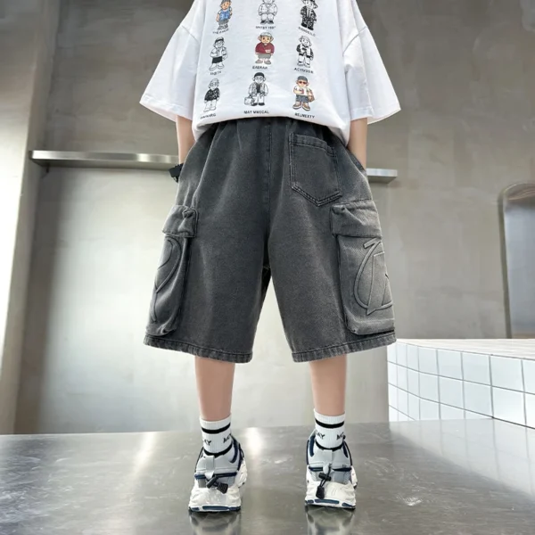 Loose Style Kids Child Summer Denim Cargo Shorts with Big Pocket For Teens Boy Knee Length Distressed Jeans Capris Pants 5-14 T - Image 2