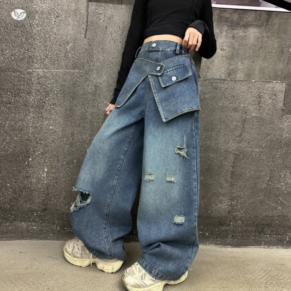 Girls 2025 Distressed Wide-Leg Jeans Autumn New Korean Fashion Ripped Fake Two-Piece Denim Pants for Tweens & Teens - Image 2