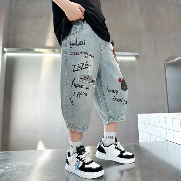 Novelty Kids Summer Capris Shorts For Boys Cat Dog Print Denim Shorts Ripped Jeans Teens Child Casual Cartoon Mid-Calf Pants - Image 6
