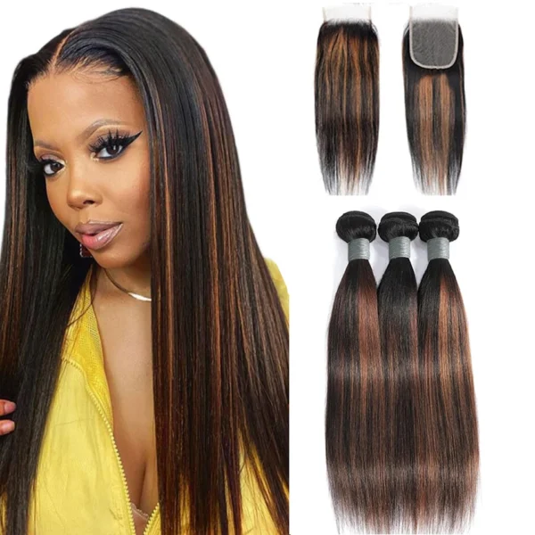 Highlight Bundles Human Hair with Closure P1B 30 Straight Hair Wave Bundles with 4x4 Lace Closure Unprocessed Virgin Human Hair
