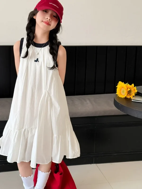 Girls' Summer Vest-style Dress, Sleeveless Ruffled Princess Dress, Suitable for Teens Aged 7-14 for Daily Wear