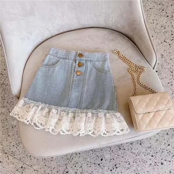 Summer New Sweet fashionable Lace Denim Half Skirt for Girls, Versatile and Trendy Short Skirt