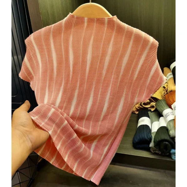 Miyake Summer New T-shirt Stand-up Collar Printed Corn Kernels Pleated Top Women's Casual Versatile and Thin Short Sleeves - Image 6