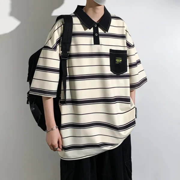Summer Men's New Fashion Polo shirts Hong Kong Style Youthful Vitality Lapel Striped Button Pockets Half Sleeve Casual Tops