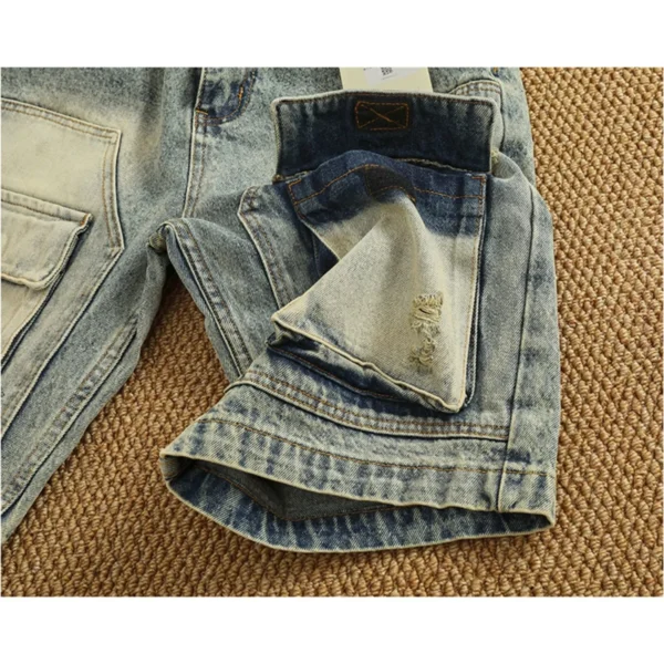 Summer new popular denim medium pants fashion men high street trend baggy multi-pocket cargo quarter - Image 6