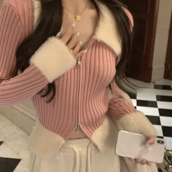 Vintage Fashion Zipper Fake Fur Callar Knitted Cardigans Solid Slim Long Sleeve Cropped Tops Y2K Sweet Jackets E-girl Streetwear - Image 5