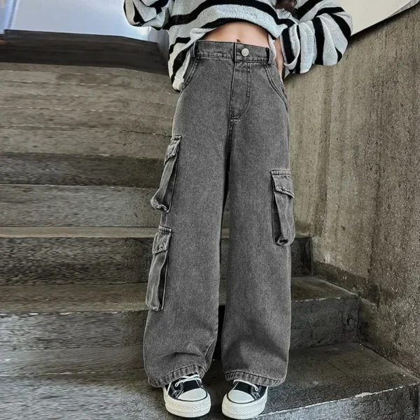 New 2025 Girls Vintage Big Pocket Jeans Long Trousers Kids Loose Wide Leg Denim Cargo Pants Teen Spring Autumn Casual Clothing