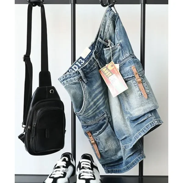 Tough Guy Tooling Leather Decorative Pockets Washed Loose Denim Five-point Pants Summer Casual Young Men's Cargo Short Pants - Image 5